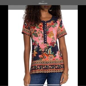 Johnny Was Janie Favorite Knit Jersey Floral Print Crew Neck Henley Tee Shirt